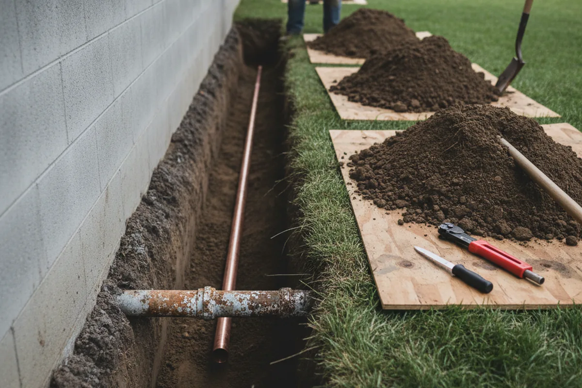 Excavated water line trench during Sewer Line Repair in Metter